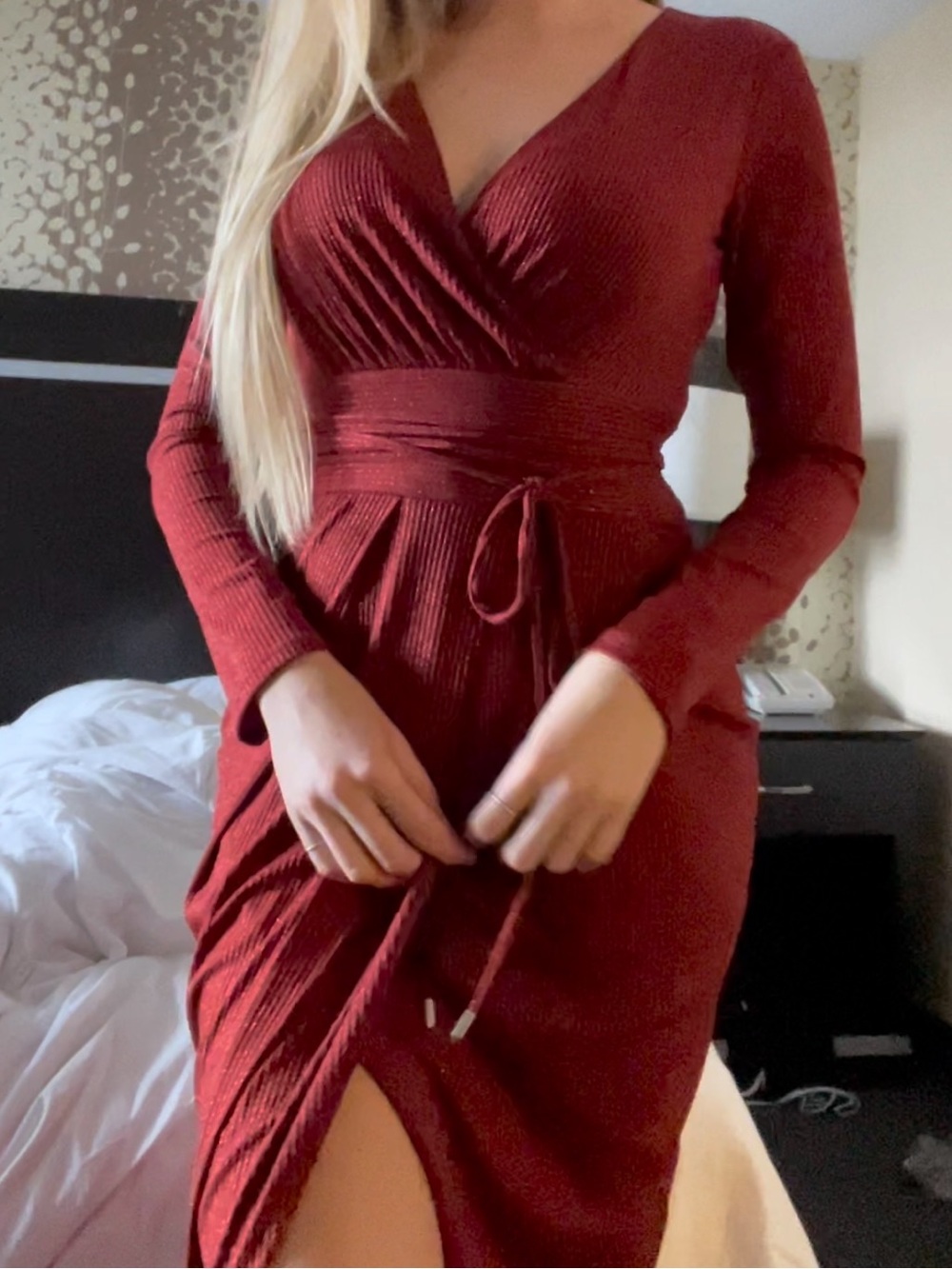 Women's Ribbed Faux-Wrap Long Sleeve Dress in Deep Red Rust